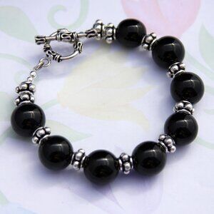 Vintage Black Onyx and Thai Hill Tribe Silver Bracelet